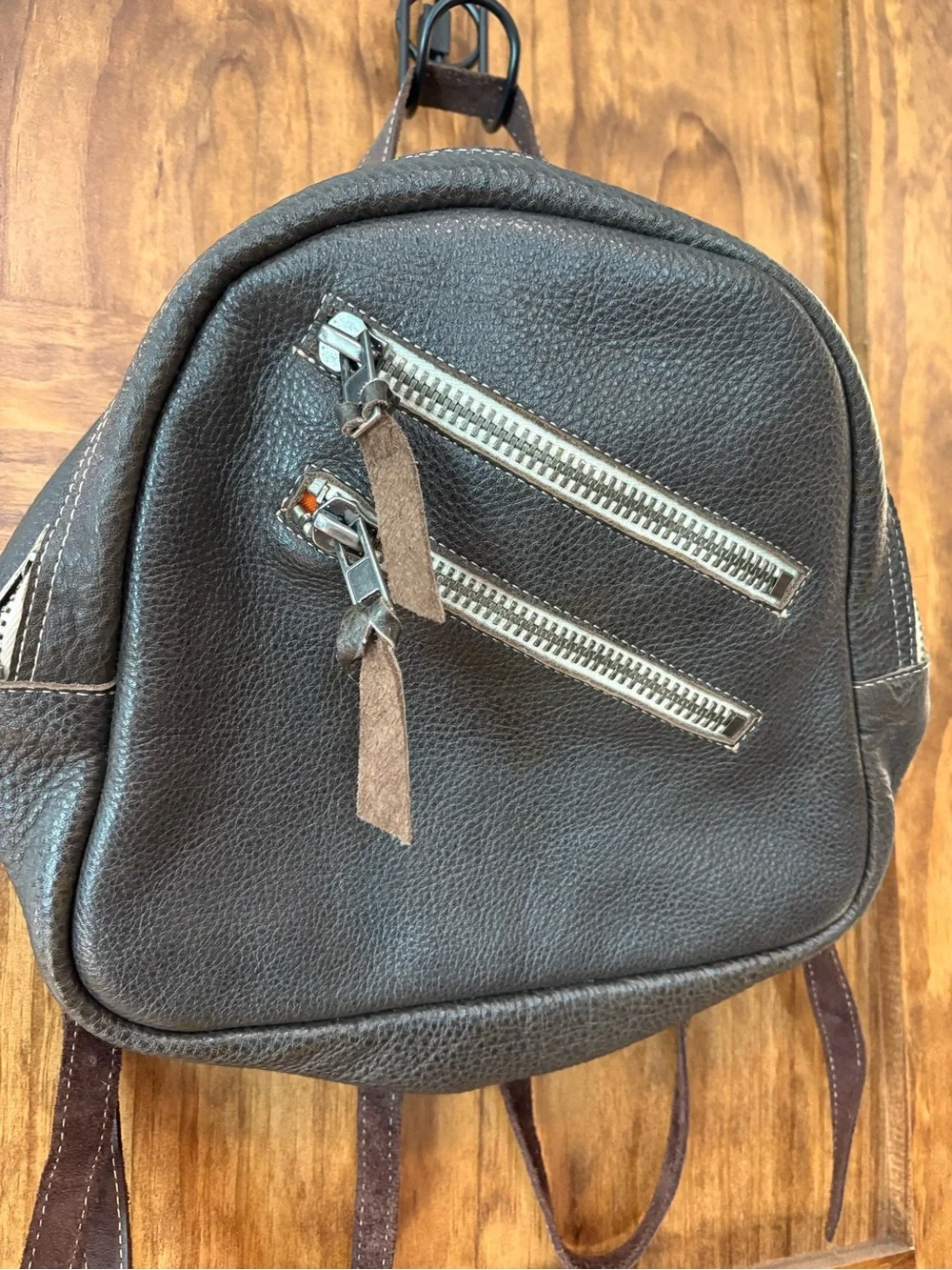 Compact Leather Backpack with Silver Zippers - Dark Brown